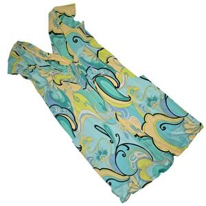 Essentials by A.B.S. Turquoise Blue Psychedelic V Neck Short Sleeve Dress Size L